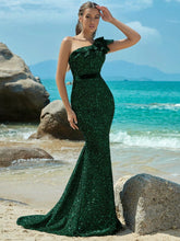 ADYCE One-Shoulder Ruffle Hem Sequin Solid Color Party Bodycon Dress